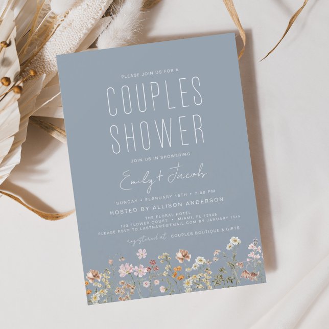 Papier Dusty Blue Couples Douche Fleur sauvage Invitation (Créateur téléchargé)