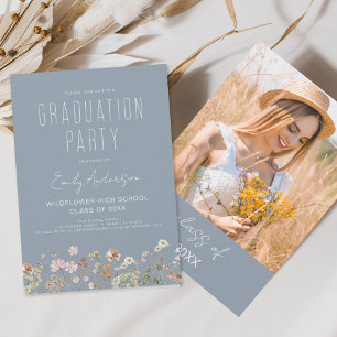 Papier Dusty Blue Fleur sauvage Graduation Party Invitati