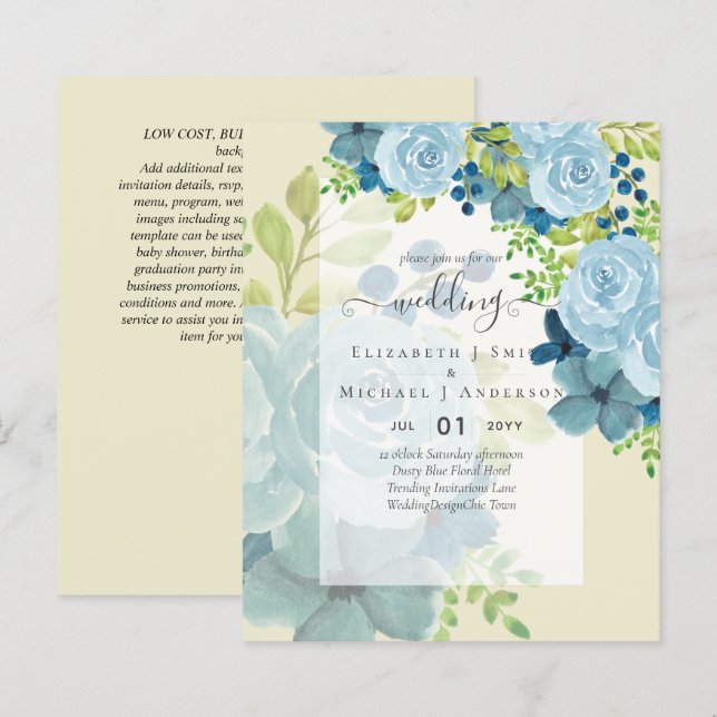 PAPIER DUSTY BLUE FLEURS INVITES DE MARIAGE - BUDGET (Devant / Derrière)