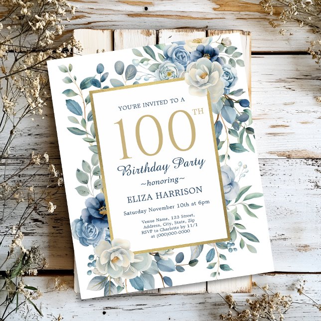 Papier Dusty Blue Floral 100e anniversaire Invitation bud (Créateur téléchargé)