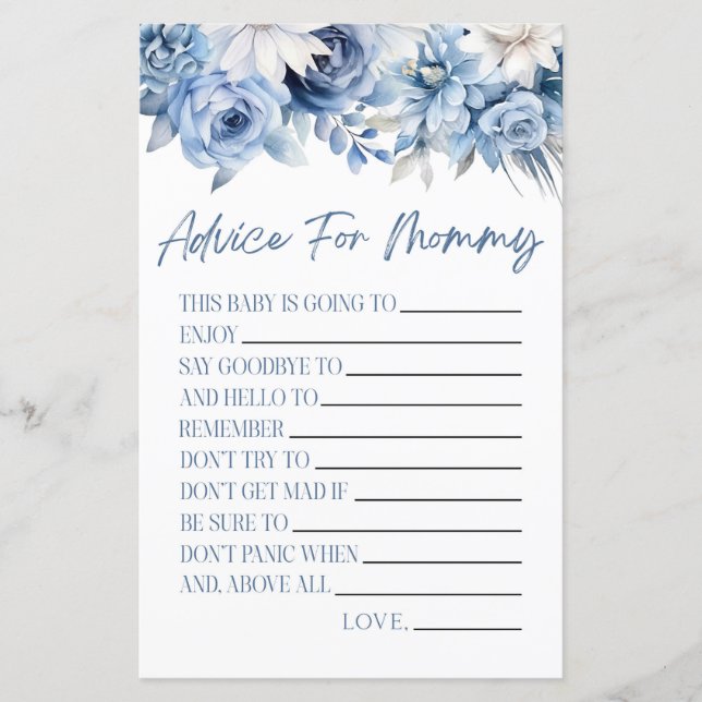 Papier Dusty Blue Floral Conseil Baby shower Activité de  (Devant)