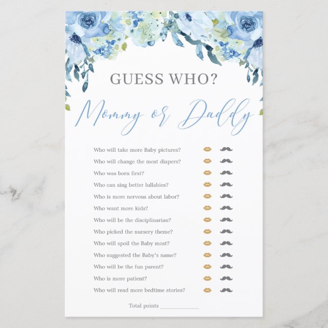 Papier Dusty Blue Floral maman ou papa Baby shower jeu (Devant)