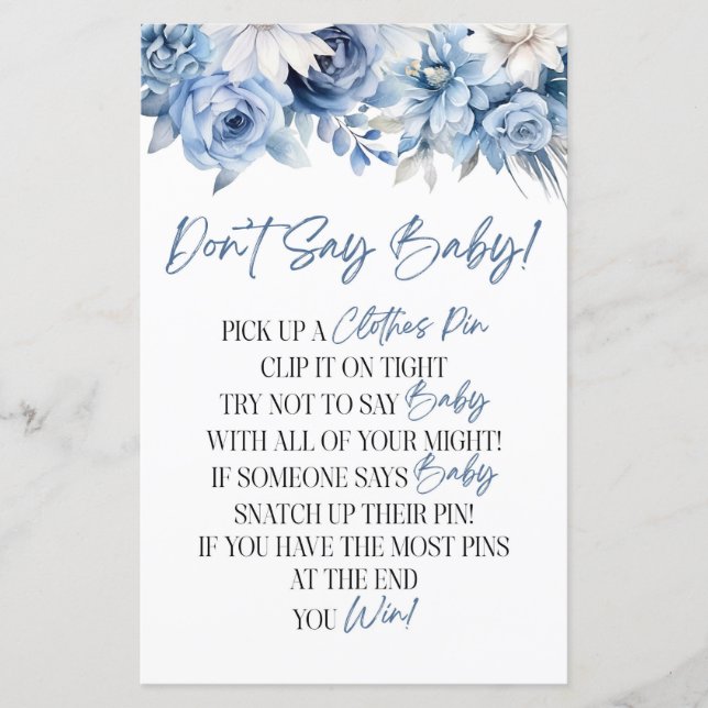 Papier Dusty Blue Floral ne pas dire Baby shower jeu (Devant)