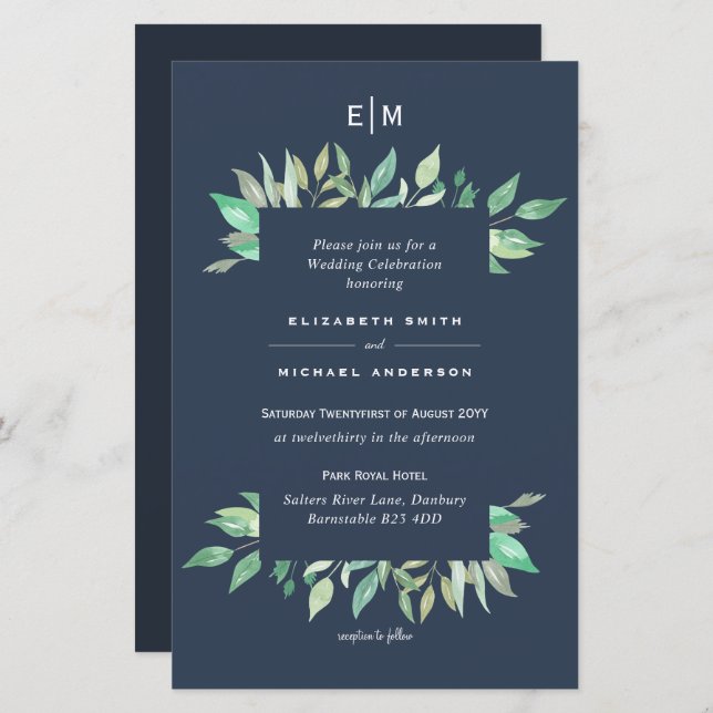 Papier Dusty Blue Greenery Leafy Budget Mariage Inviter A (Devant / Derrière)