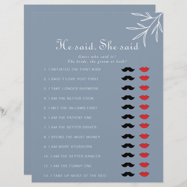 Papier Dusty Blue Il Dit Qu'Elle A Dit Fête des mariées G (Devant / Derrière)