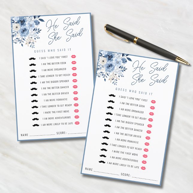Papier Dusty Blue Il Dit Qu'Elle A Dit Fête des mariées G (Two "He Said, She Said" bridal shower game cards with dusty blue floral design.)