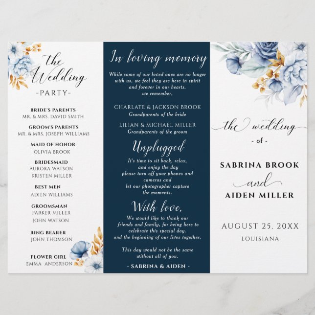 Papier Dusty Blue Navy White Gold Floral Wedding Programm (Devant)