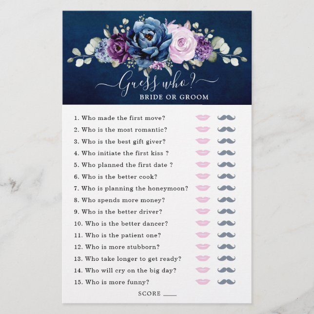 Papier Dusty Blue Purple Fête des mariées Jeu Devinez Qui (Devant)