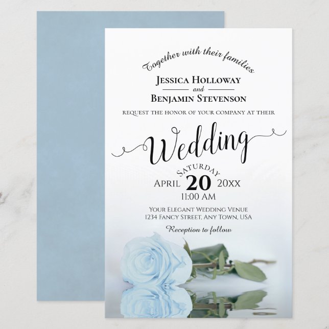 Papier Dusty Blue Rose Chic BUDGET Faire-part de mariage (Devant / Derrière)