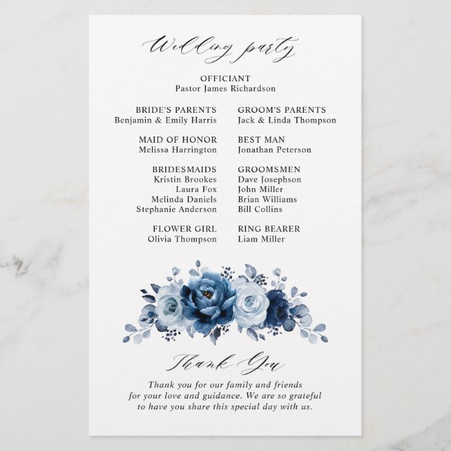 Papier Dusty Blue Slate Navy Floral Wedding Program (Dos)
