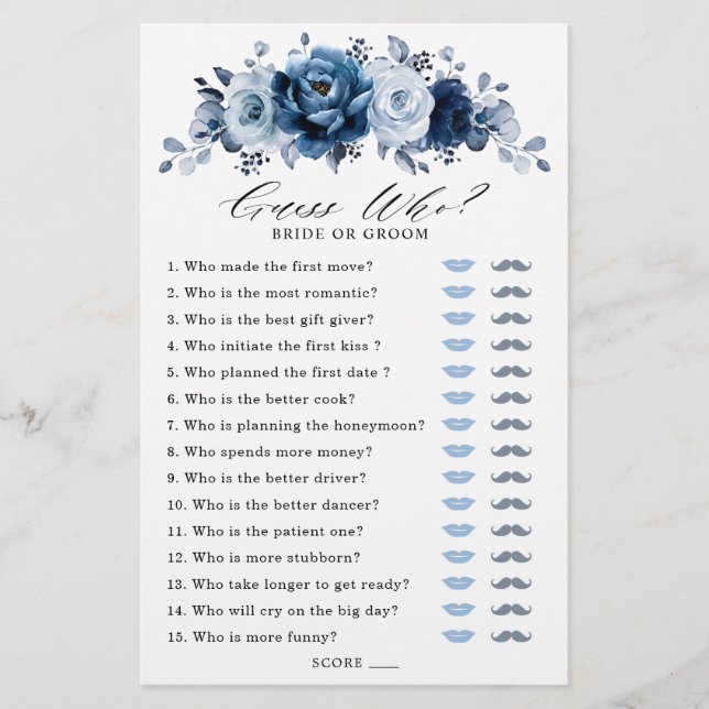 Papier Dusty Blue Slate Navy Jeu de Fête des mariées Flor (Devant)