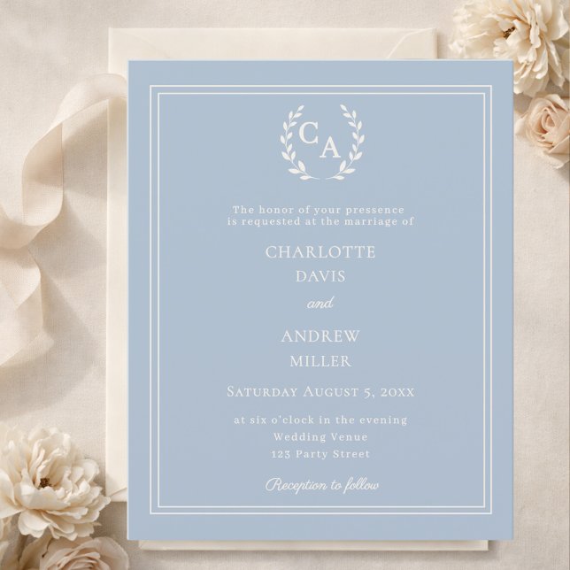 Papier Dusty blue wreath monogram wedding invitation (Créateur téléchargé)