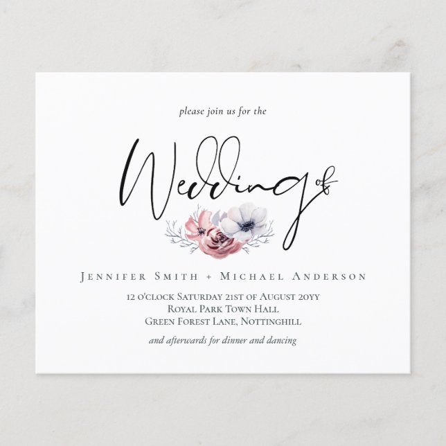 Papier Dusty Navy Coral Bleu Flore Script Mariage Inviter (Devant)