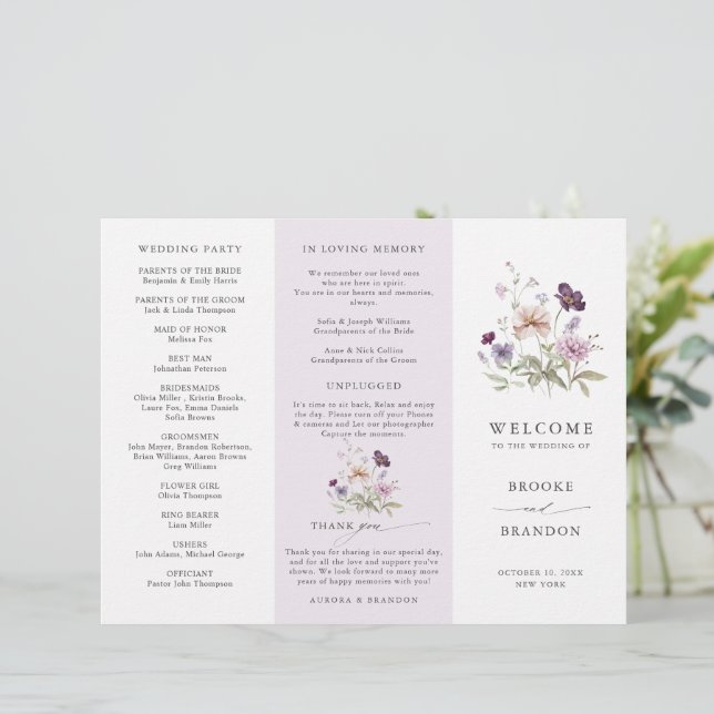 Papier Dusty Purple Lavender Fleur sauvage Wedding Progra (Debout devant)