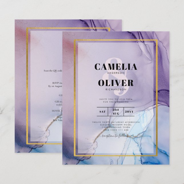 Papier Dusty Purple Navy Blue Gold INK Wedding INVITE (Devant / Derrière)