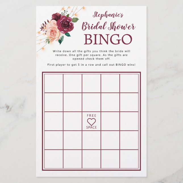 Papier Dusty Rose Bourgogne Rose Fête des mariées Bingo J (Devant)