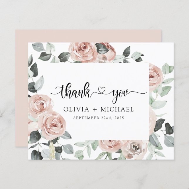 Papier Dusty rose Floral verdure Merci Invitation (Devant / Derrière)