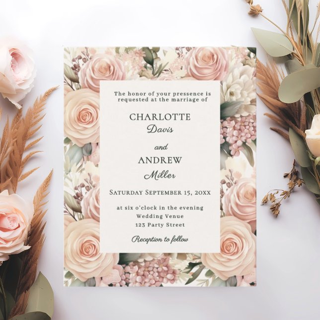 Papier Dusty rose mauve ivory florals wedding invitation (Créateur téléchargé)