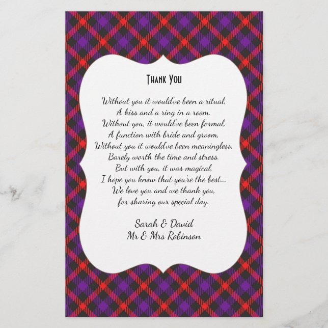 Papier Ecosse Clan Tartan Mariage Poème Merci Scroll (Devant)