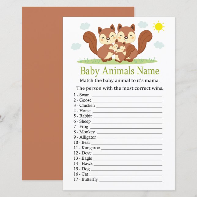 Papier Écureuil Bébé Animaux Nom Jeu (Devant / Derrière)