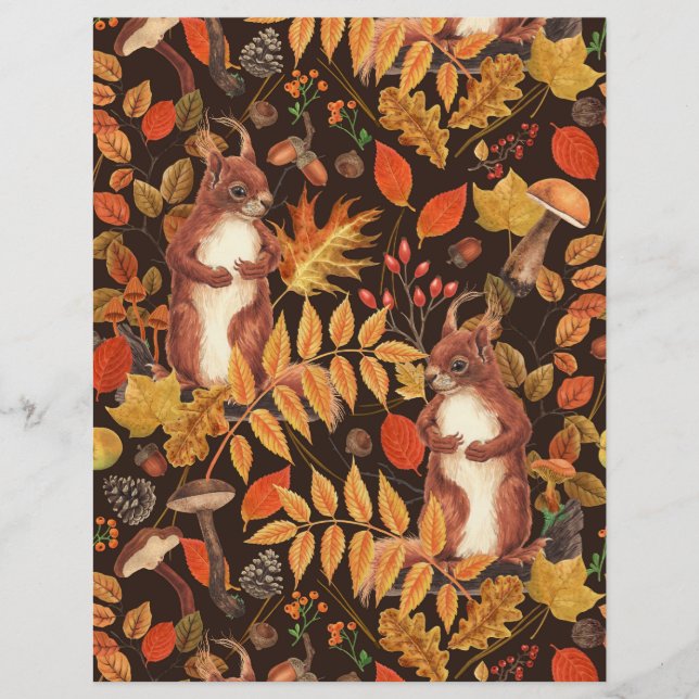 Papier Écureuils automnaux et flore sur brun foncé (Devant)