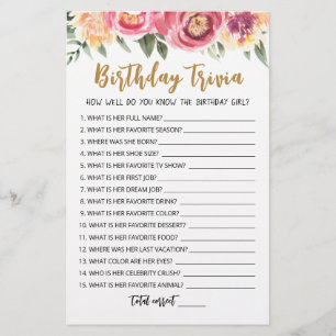 Papier Editable Birthday trivia Jeu de fête d'anniversair