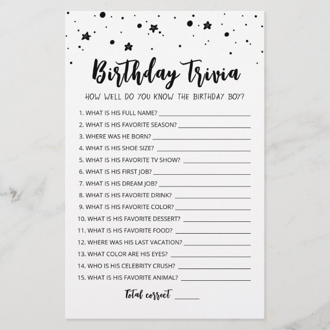 Papier Editable Birthday trivia Jeu de fête d'anniversair (Devant)