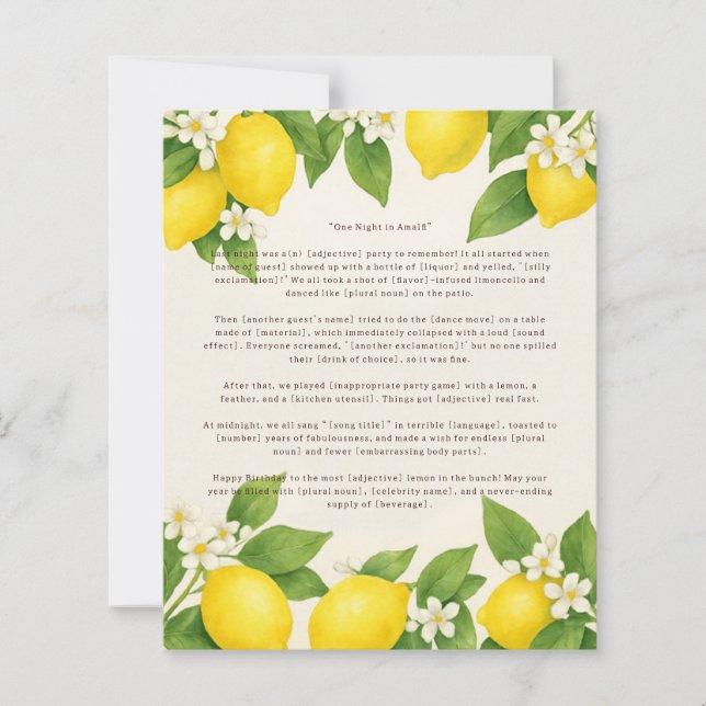 Papier Editable Funny Limoncello Anniversaire Mad Libs Je (Devant)
