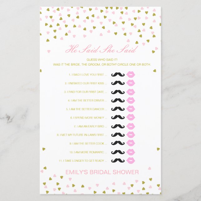Papier Editable Il A Dit Qu'Elle A Dit Wedding shower Jeu (Devant)