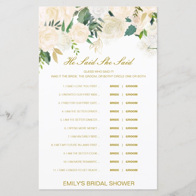 Papier Editable Il A Dit Qu'Elle A Dit Wedding shower Jeu (Devant)