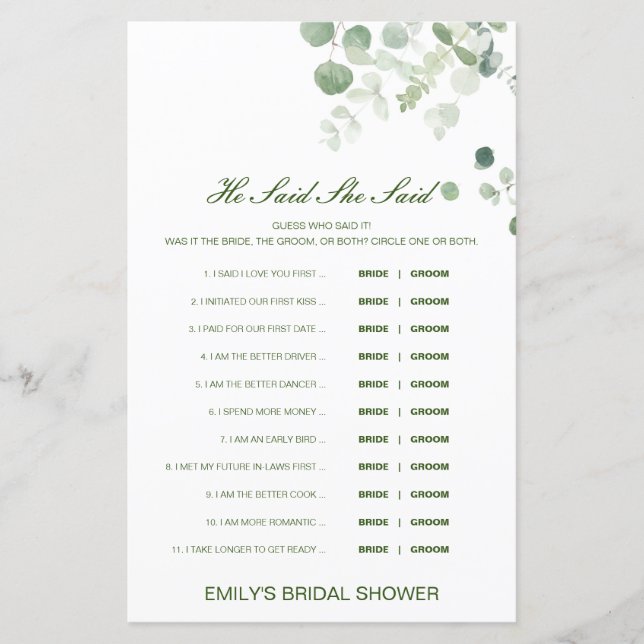 Papier Editable Il A Dit Qu'Elle A Dit Wedding shower Jeu (Devant)