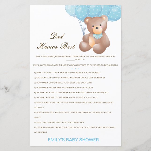 Papier Editable Papa connaît le meilleur jeu de Baby show (Devant)
