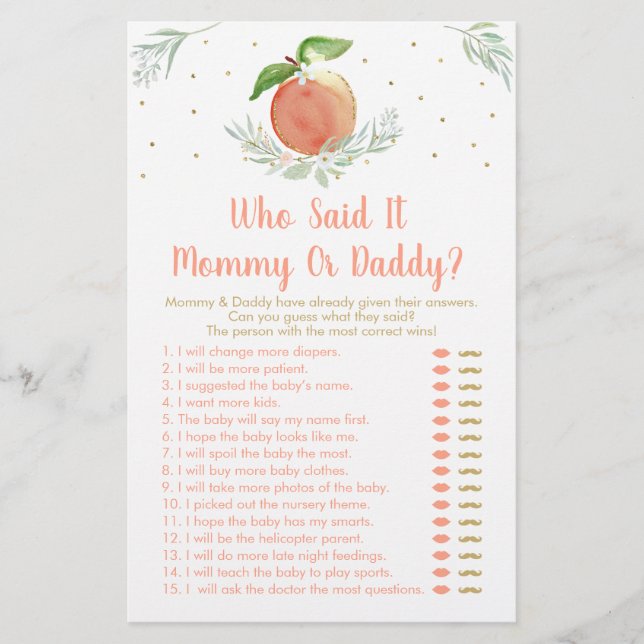 Papier Editable Peach Gold Floral Devinez Qui A Dit Game (Devant)