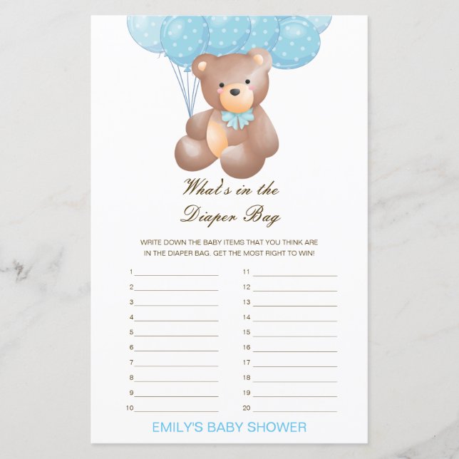 Papier Editable What's in the Diaper Bag Baby shower Game (Devant)