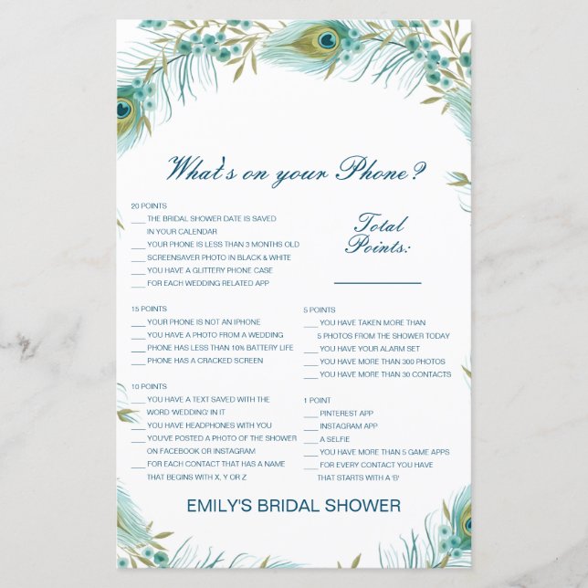 Papier Editable What's on your Phone Bridal Shower Game (Devant)