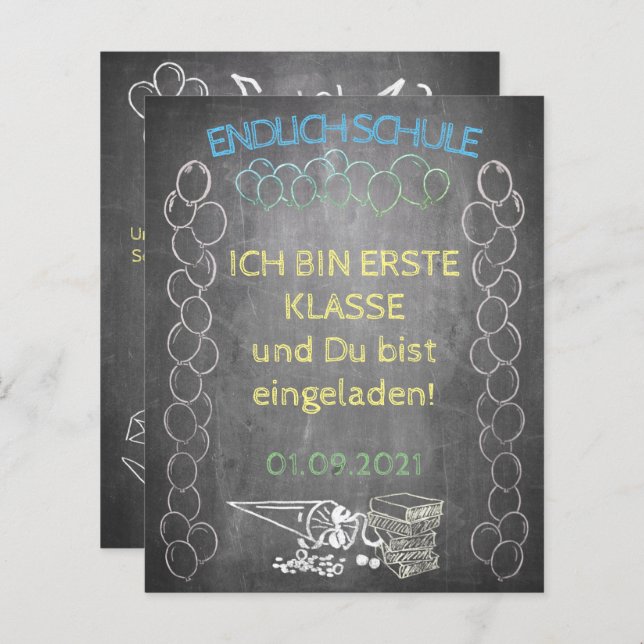 Papier Einladungskarte zur Einschulung im Tafelstil (Devant / Derrière)