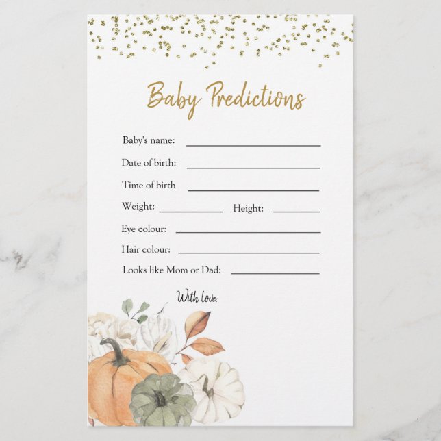 Papier Elégant Baby shower Citrouille blanc prédiction bé (Devant)