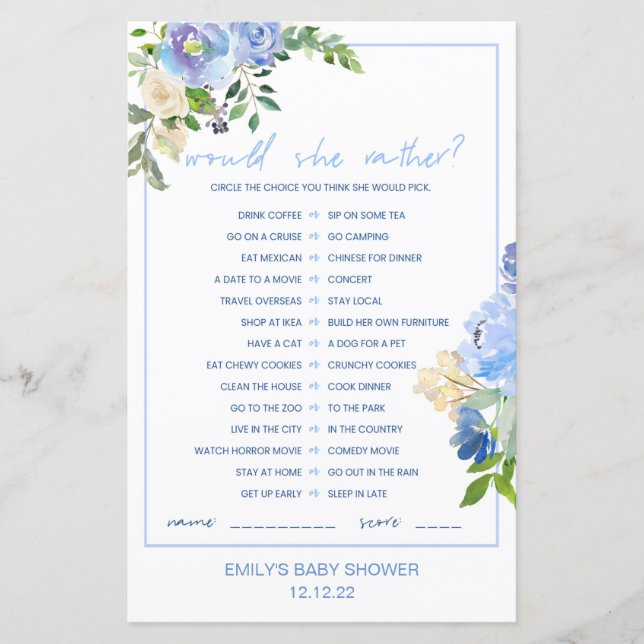 Papier Élégant Baby shower Floral Bleu Jeu imprimé (Devant)
