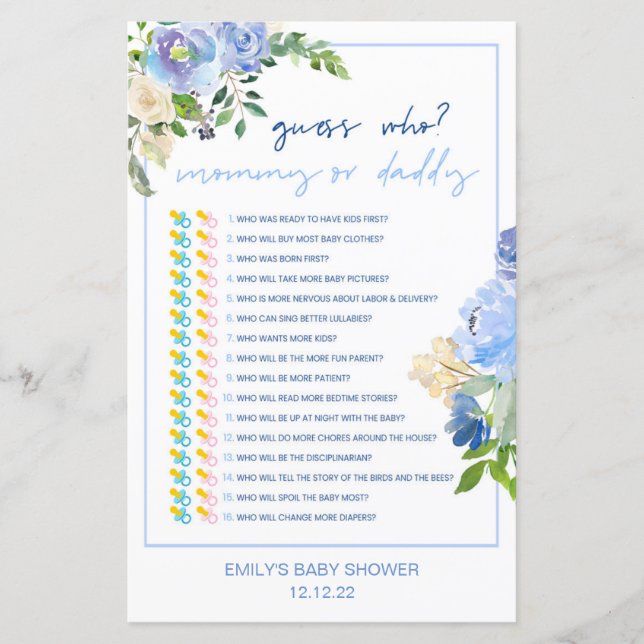 Papier Élégant Baby shower Floral Bleu Jeu imprimé, Garço (Devant)