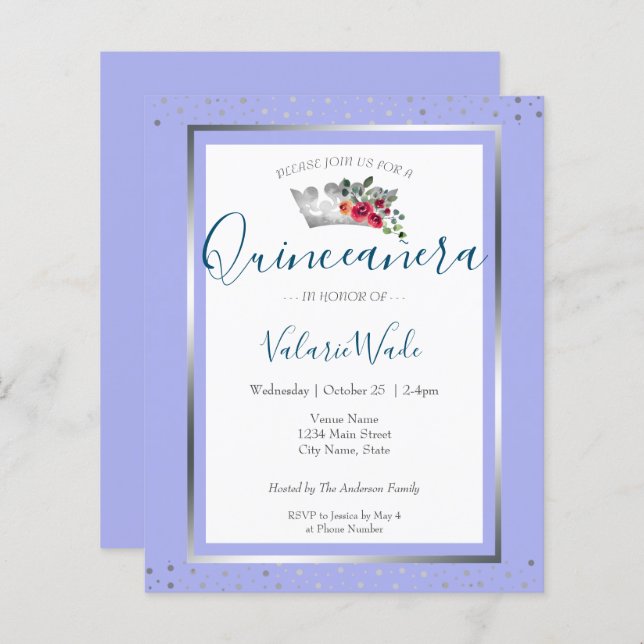 Papier Elégant bleu clair Quinceanera Budget Invitation (Devant / Derrière)