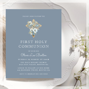 Papier Élégant Bleu Première Communion Budget Invitation