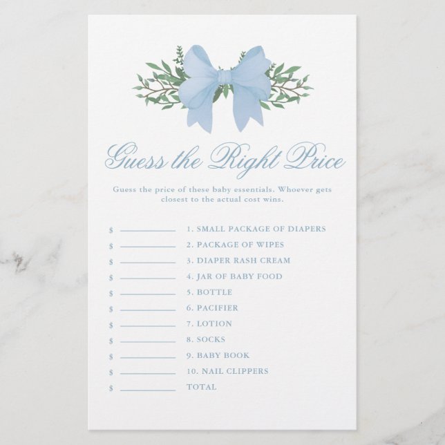 Papier Elegant Blue Bow Guess du jeu de Baby shower de pr (Devant)