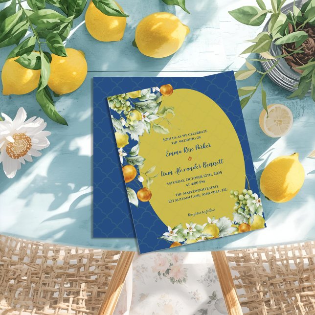 Papier Elegant Blue Gold Citrus Floral Wedding Invitation (Elegant Blue Gold Citrus Floral Wedding Invitation)