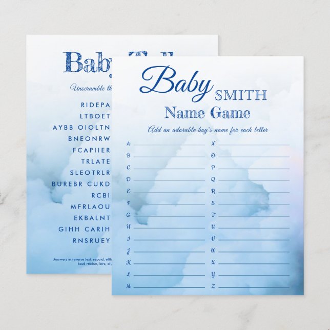Papier Elegant Boy Baby shower Nom et le jeu de démêler (Devant / Derrière)