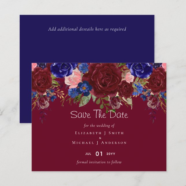Papier Élégant budget Burgundy Blue Floral Mariage (Devant / Derrière)