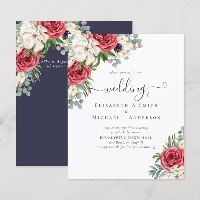Papier Élégant budget Mariage rouge blanc bleu floral (Devant / Derrière)