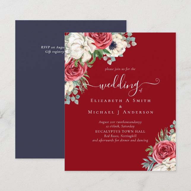Papier Élégant budget Mariage rouge blanc bleu floral (Devant / Derrière)