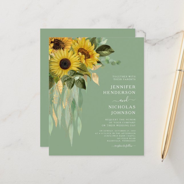 Papier Élégant budget Vert Floral Mariage (Devant/Arrière en situation)