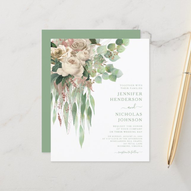 Papier Élégant budget Vert Floral Rose Mariage (Devant/Arrière en situation)