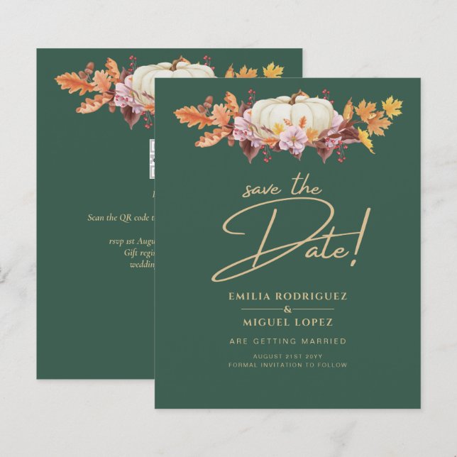 Papier Élégant Citrouille Automne Green Gold Mariage Date (Devant / Derrière)